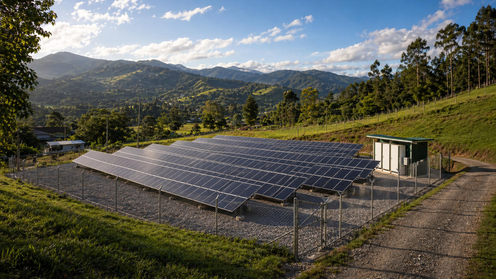 Minigranja solar en paisaje rural colombiano