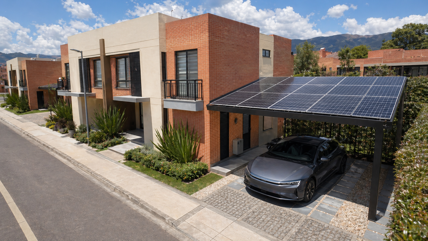 Casa en Cajicá con pérgola de paneles solares y carro eléctrico